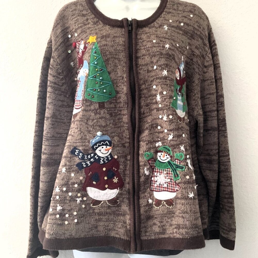 IN RESOURCE Vintage Snowman Christmas Jacket Brown Plus 2X